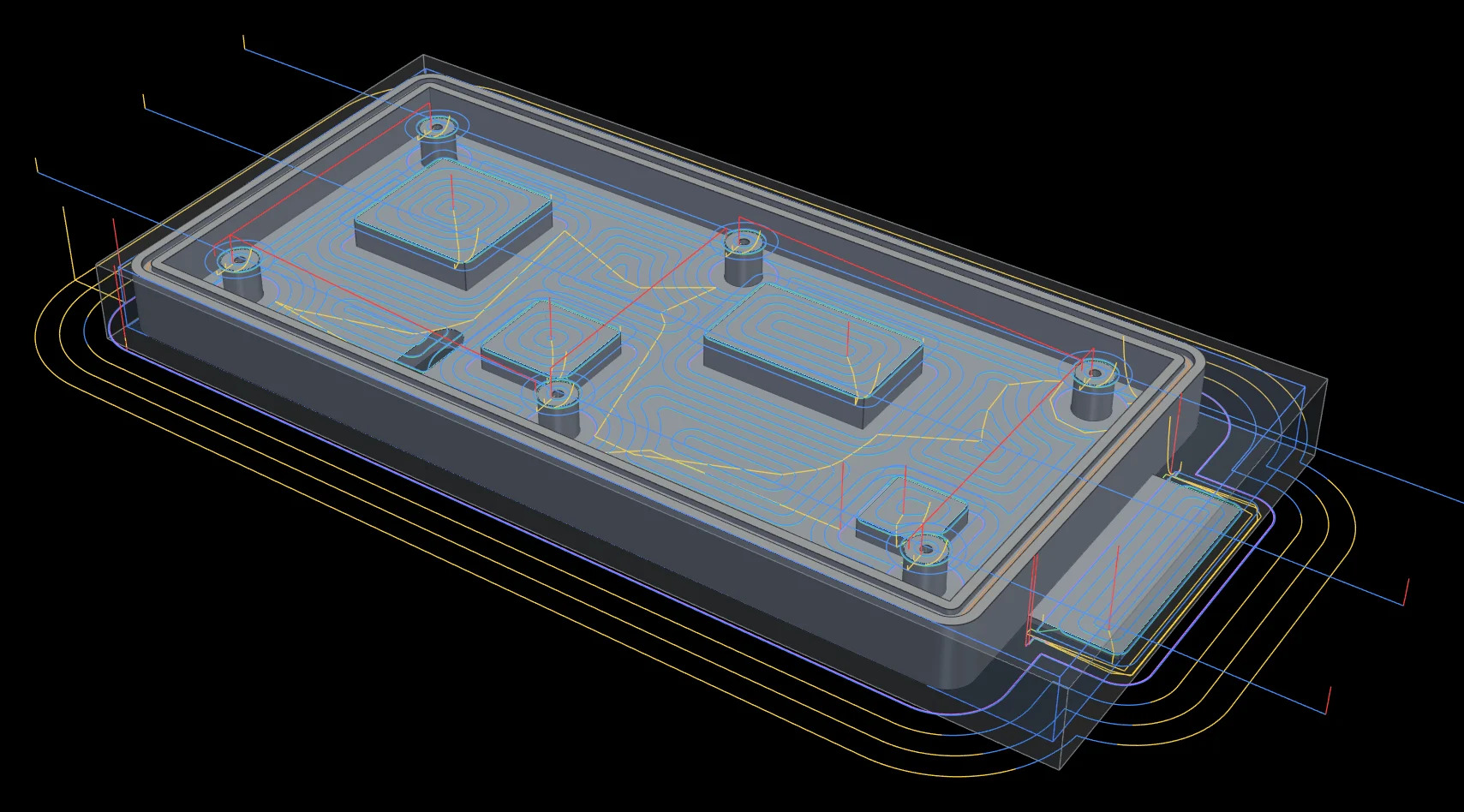 PivotCAM toolpaths on a machined heat spreader: adaptive roughing, rest passes, profile and drilling